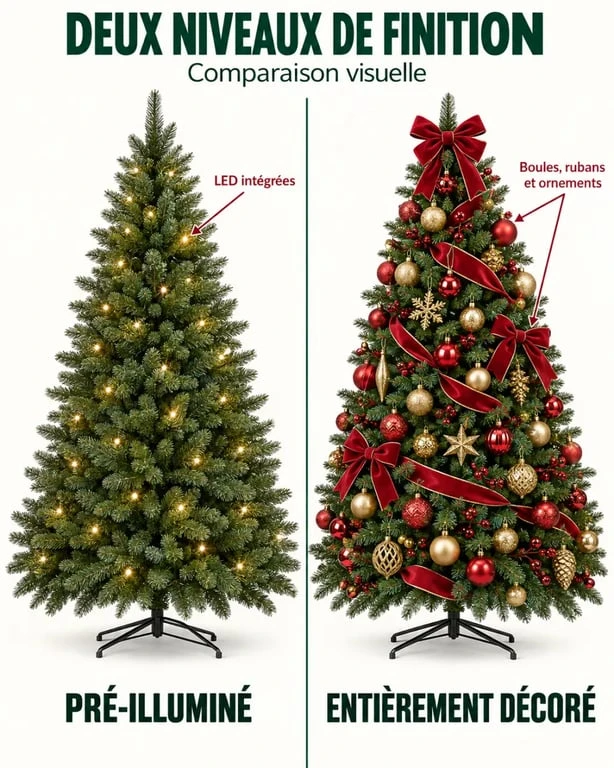 Sapin de Noël artificiel déjà décoré comparé à un sapin pré-illuminé