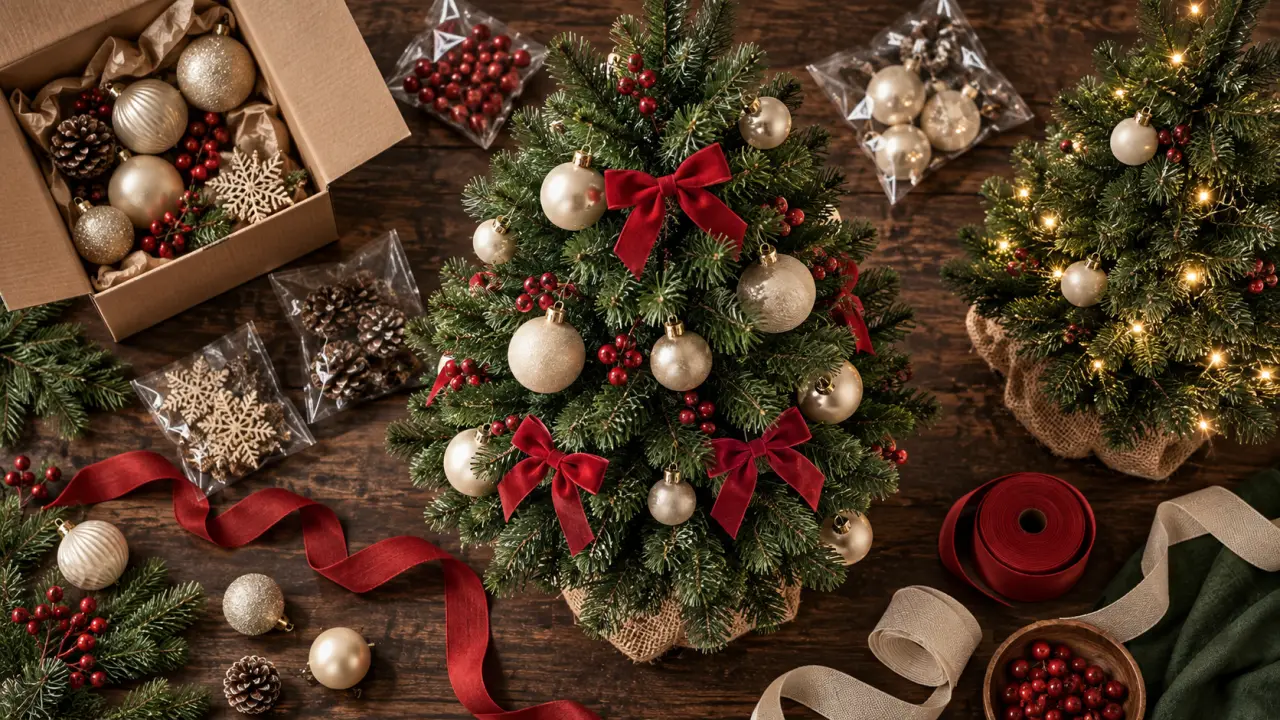 Sapin de noël artificiel déjà décoré, boules et guirlande LED