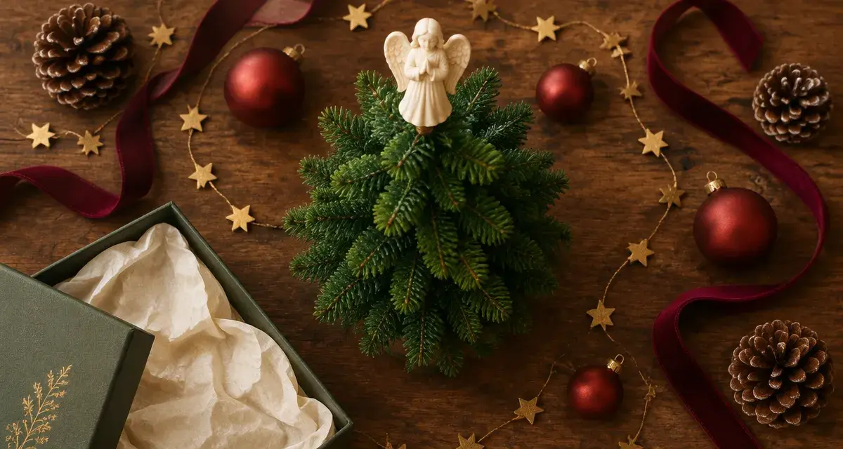 Ange de noël pour sapin : petit ange au sommet d’un sapin miniature sur table bois