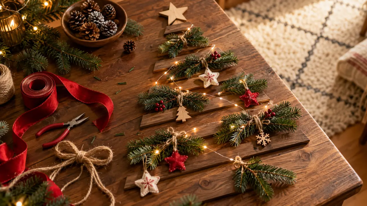 Decorer un sapin en bois avec lumières, relief et suspensions
