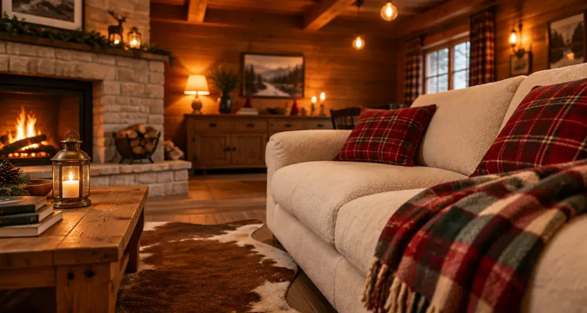 Décoration intérieur chalet bois : salon en bois chaleureux, cheminée et textures