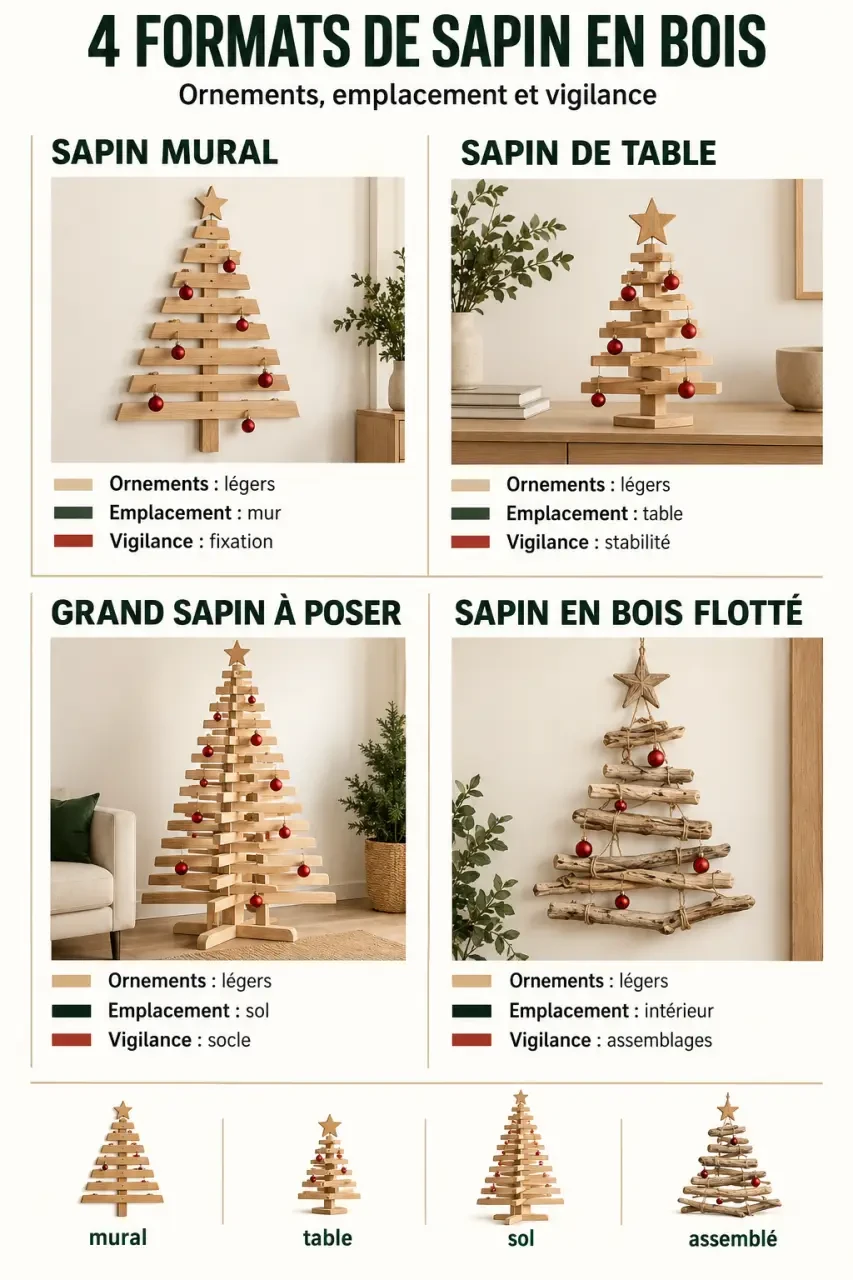 Formats et idées pour décorer un sapin en bois mural, de table, à poser ou en bois flotté
