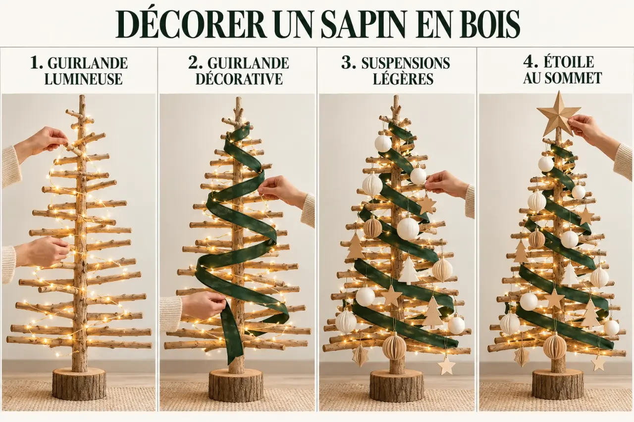 Étapes pour décorer un sapin en bois avec lumières, guirlande, suspensions et étoile