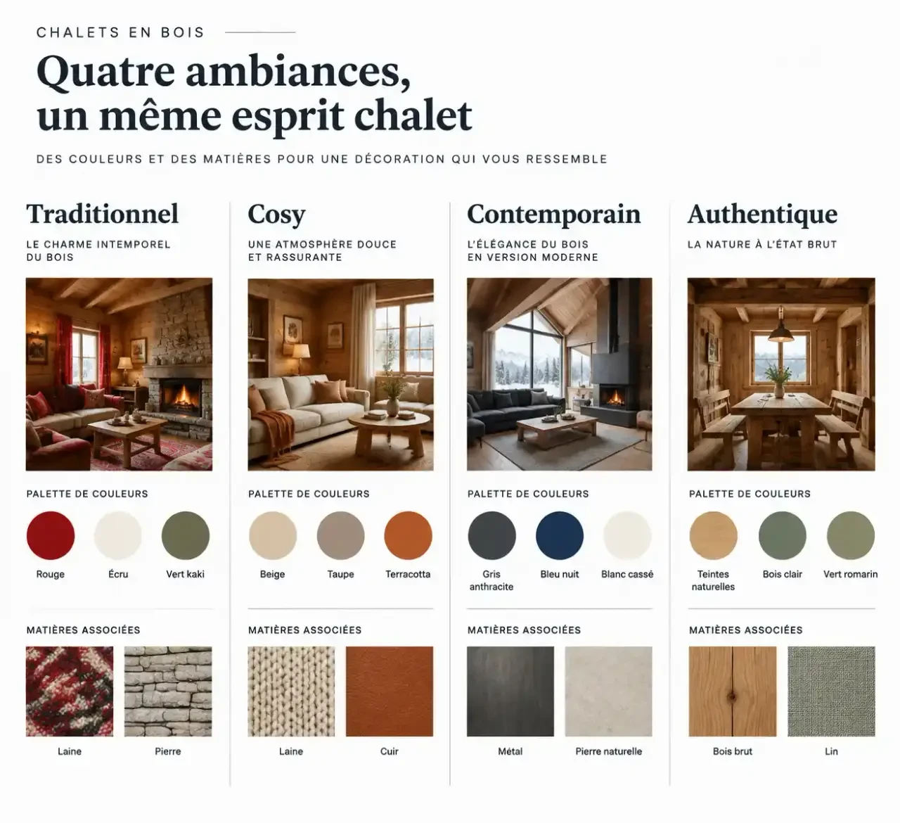 Palettes de couleurs et matières pour une décoration intérieur chalet bois selon quatre ambiances : traditionnel, cosy, contemporain, authentique