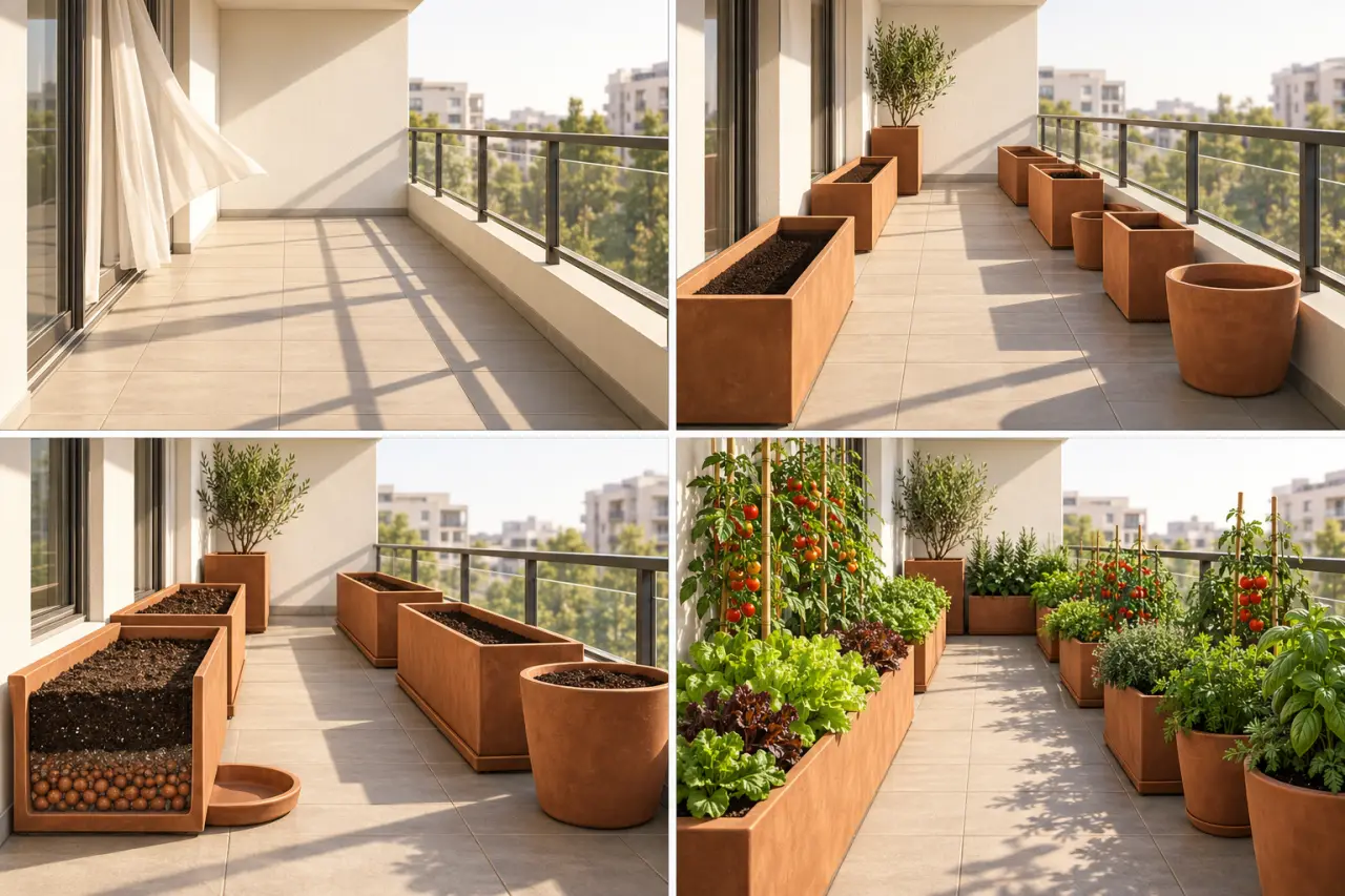 Illustration des étapes pour aménager un potager urbain sur son balcon ou sa terrasse