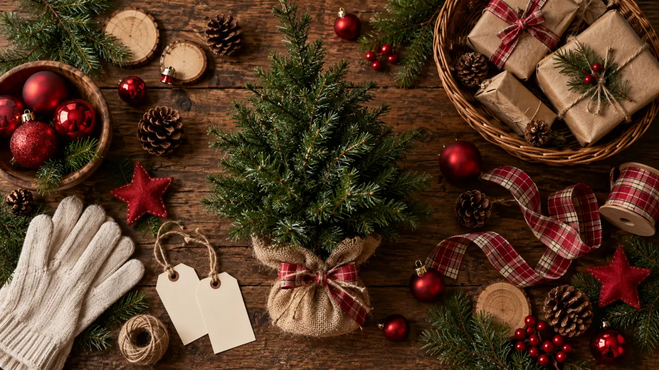 Idée déco sapin de noël naturel harmonieux, boules rouge, ruban et pommes de pin